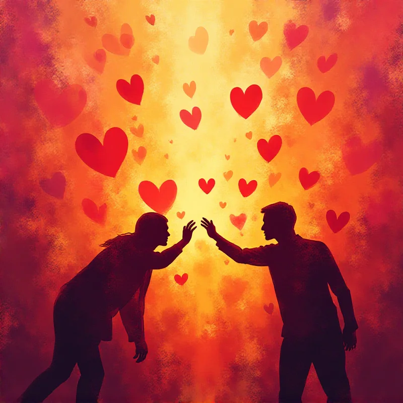 Abstract representation of dating, showing two silhouetted figures reaching towards each other across a colorful, swirling background with heart shapes.