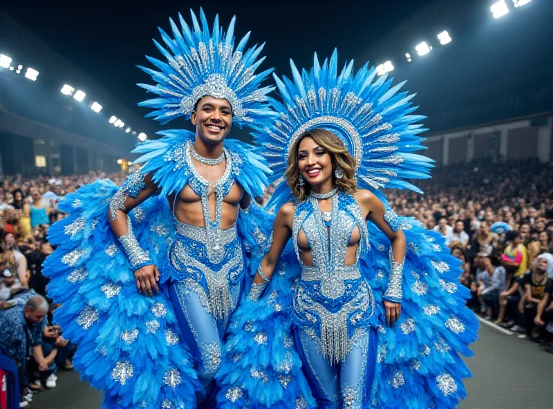 Beija-Flor de Nilópolis parade float with dancers in blue and white costumes.