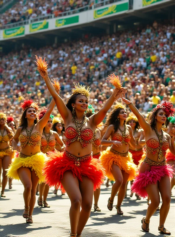 Dancers in vibrant costumes during the Parade of Champions at the Rio de Janeiro Sambadrome.