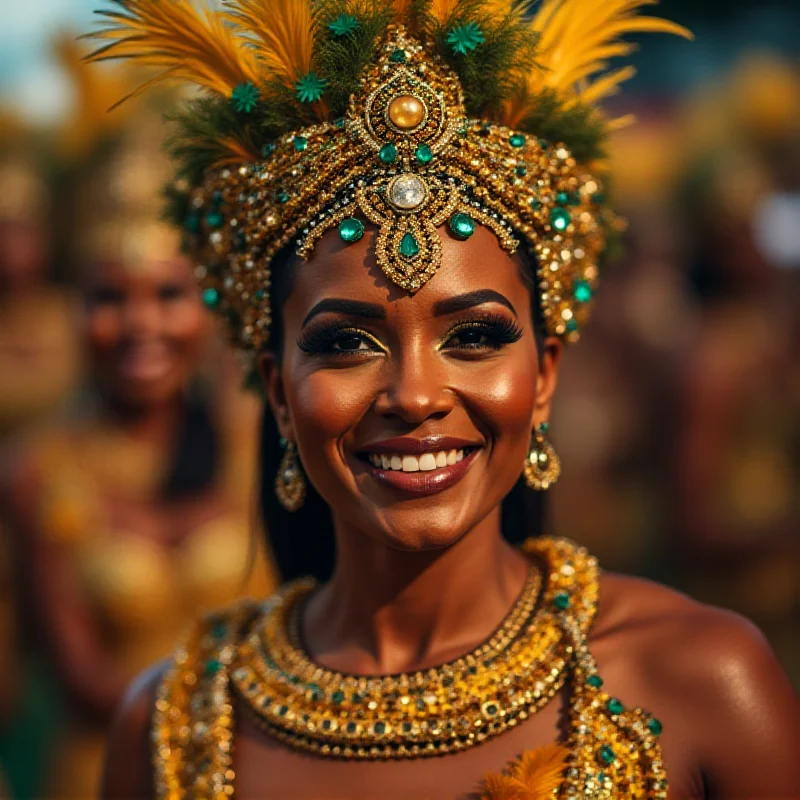 Close-up of a smiling samba dancer in elaborate headdress and costume.