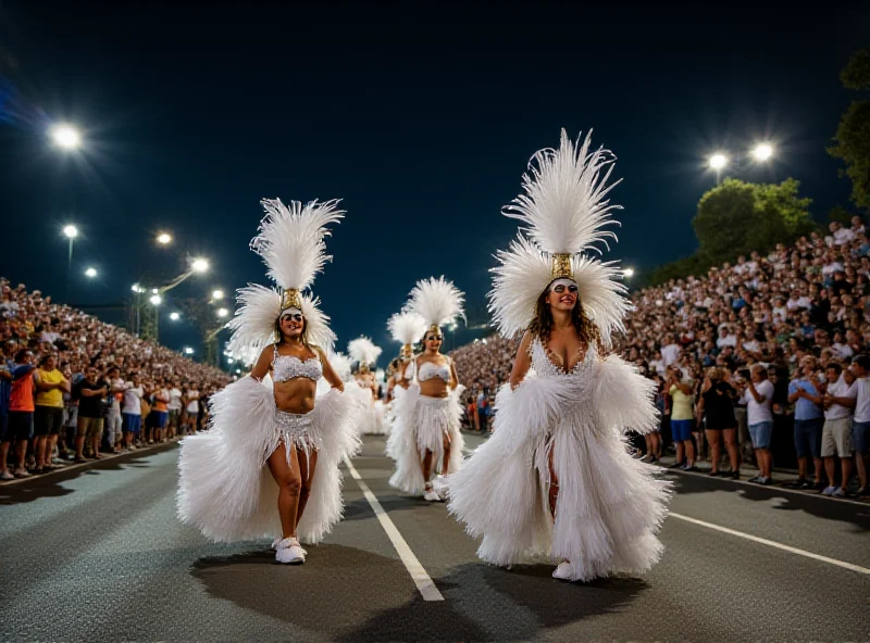 Vibrant Rio Carnival parade with dancers in elaborate blue and white costumes, representing Beija-Flor de Nilópolis.