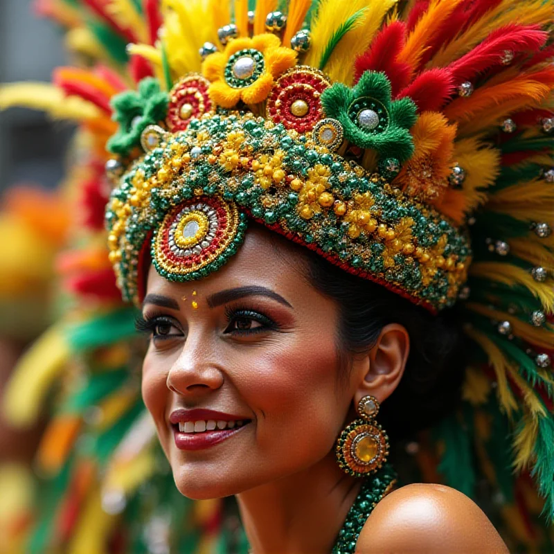 A close-up shot of a samba dancer's elaborate headdress at the Rio Carnival, adorned with feathers, beads, and vibrant colors, highlighting the intricate craftsmanship and cultural significance.