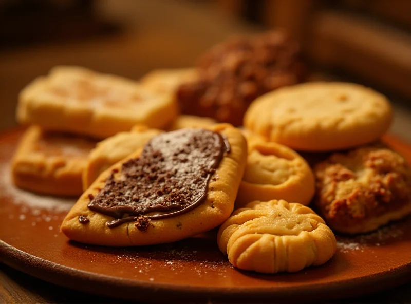 A close-up shot of a variety of Belgian biscuits arranged on a wooden platter. The biscuits are golden brown and have intricate designs. Some are covered in chocolate or powdered sugar.