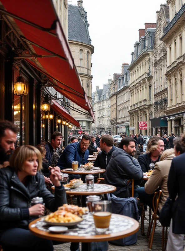 A bustling Brussels cafe scene, with people sitting at outdoor tables, enjoying coffee and pastries. The architecture is classic European, with awnings and ornate details.