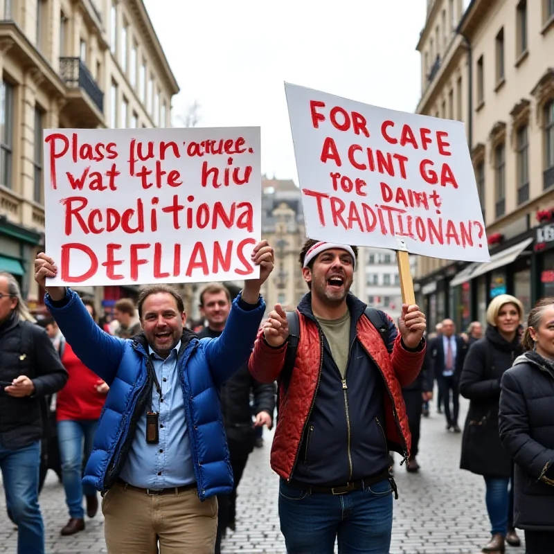 A street protest in Brussels, with banners and signs related to saving traditional cafes. People are marching and chanting, expressing their support for the cafes.