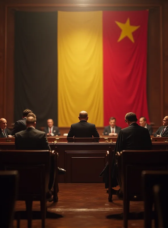 A courtroom scene with lawyers and judges, symbolizing the legal action taken by Belgium against China.