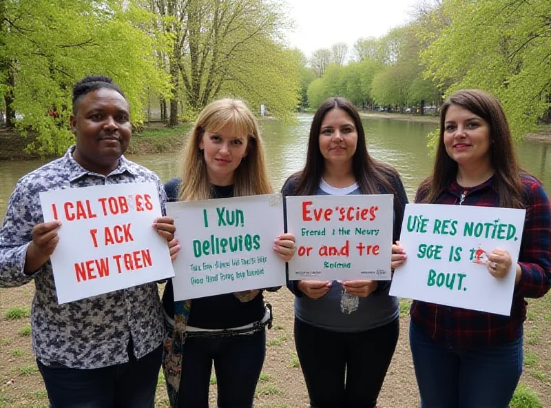 A group of residents holding signs protesting the lack of benches and a picnic table.