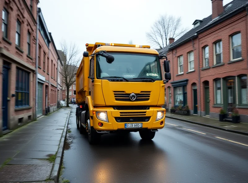 Garbage truck driving down a street