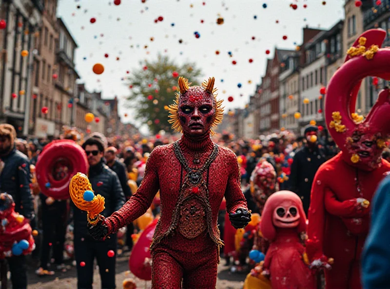 A vibrant and colorful carnival scene in Aalst, Belgium, with people in costumes parading through the streets.