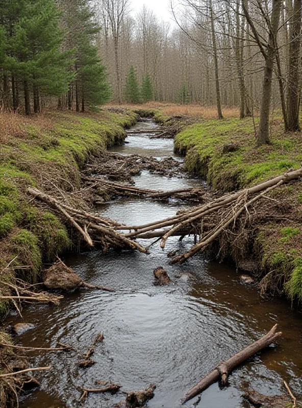 A beaver dam constructed in a small stream, with trees and lush vegetation surrounding the area.