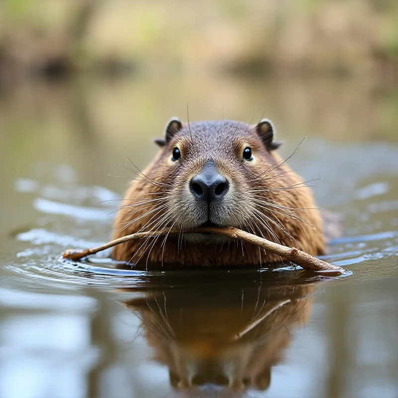 A close-up shot of a beaver swimming in a river, carrying a small branch in its mouth.