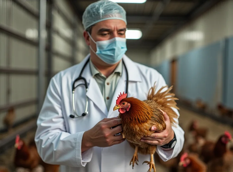 A veterinarian examining a chicken on a poultry farm.