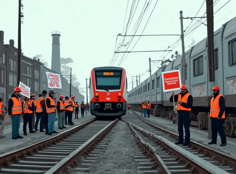 Illustration of a train stopped on the tracks, with protesting workers nearby holding signs