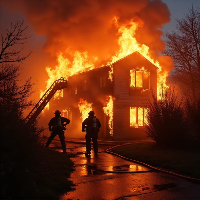 Firefighters battling a house fire.