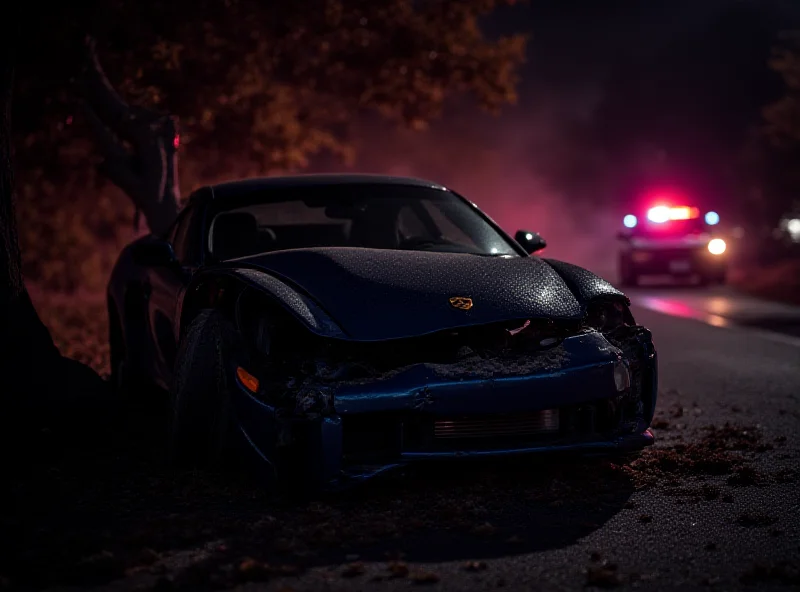 Wrecked Porsche after crashing into a tree at night