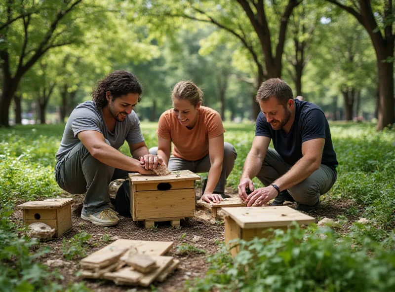 Volunteers building small wooden houses for stray cats in a city park.