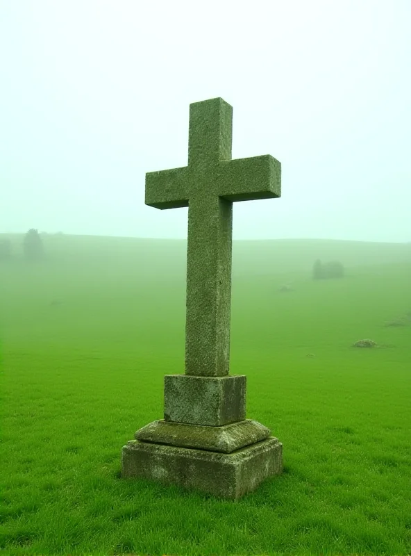 A weathered, ancient stone cross in a grassy field.