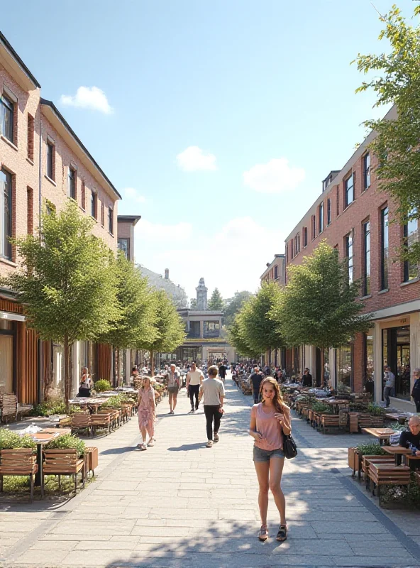 Architectural rendering of a modern town square with a theatre and cafe.