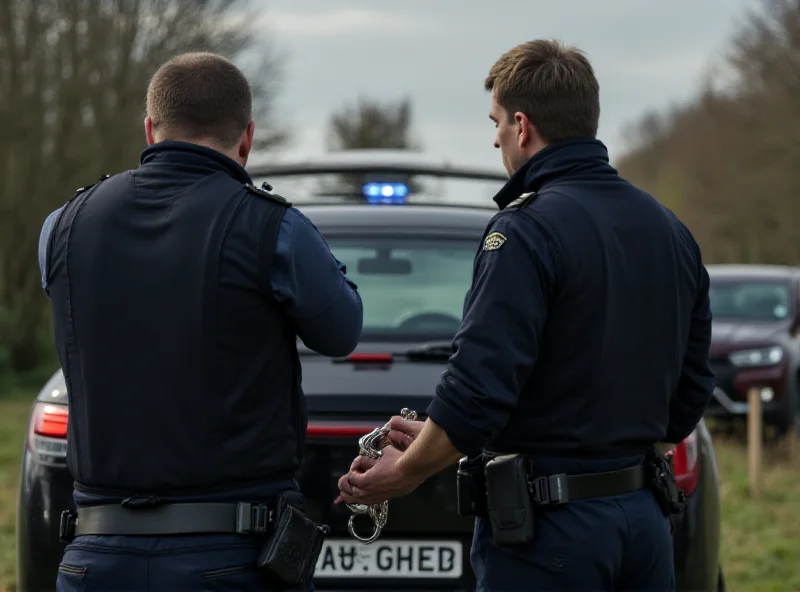 Police officers arresting a suspect near the border, with a police car in the background.