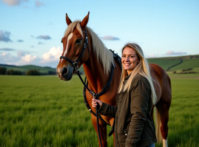 Hilse De Groote with her draft horse in a field in Belgium