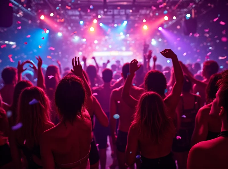 Nightclub scene in Benidorm with flashing lights and dancing people.