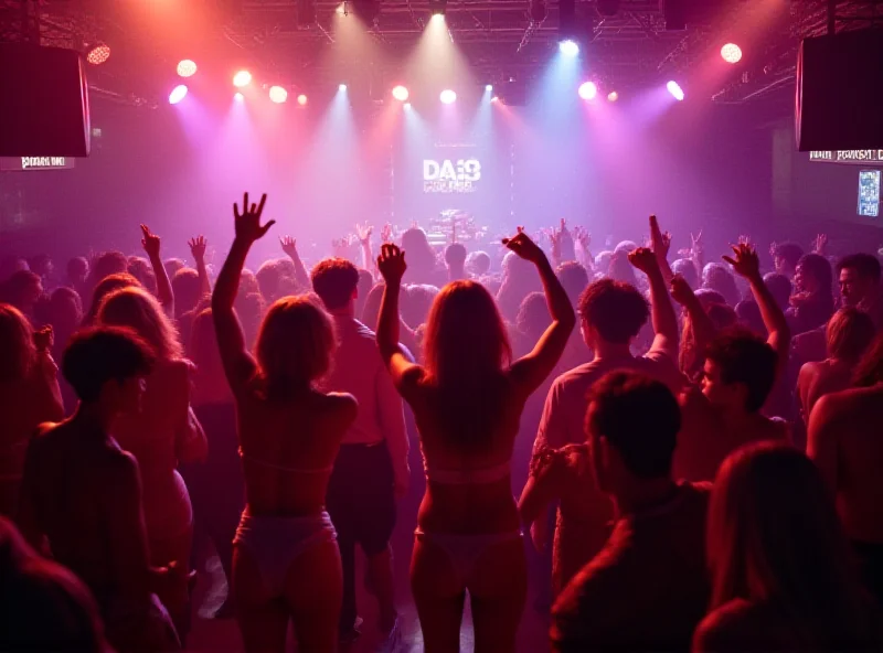 Wide shot of a crowded nightclub in Benidorm, Spain, in its heyday, with people dancing and enjoying the music. The atmosphere is lively and energetic, with bright lights and vibrant colors.