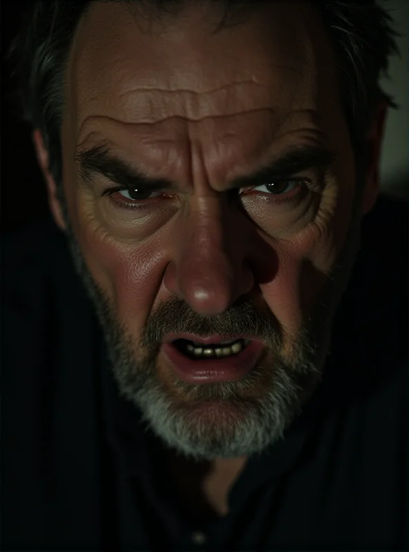 A still from Mike Leigh's film 'My Only Family,' featuring the main character looking intensely angry and frustrated. The scene is dimly lit, adding to the dramatic tension.