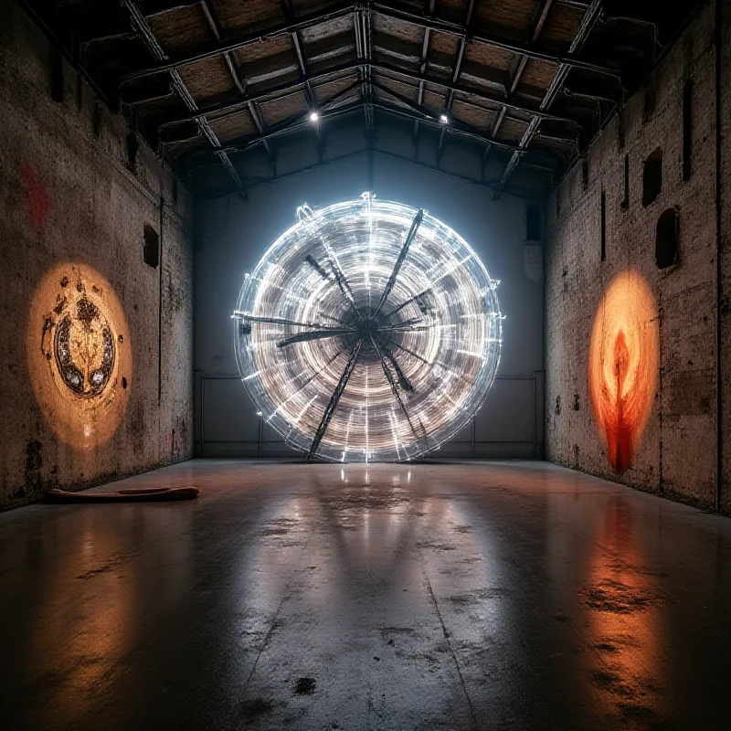 A photograph of Andrés Reisinger's art exhibition 'A Wheel of Waves That is Formed with Smoke' in Vallecas. The image showcases a blend of modern and retro elements, including robotic sculptures, tango-inspired artwork, and projections of digital landscapes, all within the setting of an industrial warehouse.