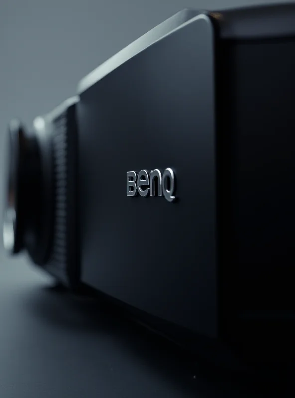 Close up of the BenQ logo on a sleek, modern projector. Focus is on the logo and the lens.