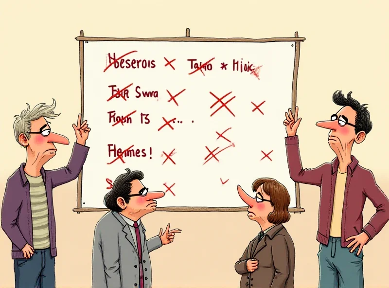 Illustration of people looking confused and frustrated by a sign with politically correct terms crossed out.