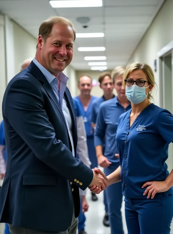 Prince William smiling and shaking hands with a nurse at the Royal Berkshire Hospital, surrounded by other medical staff.