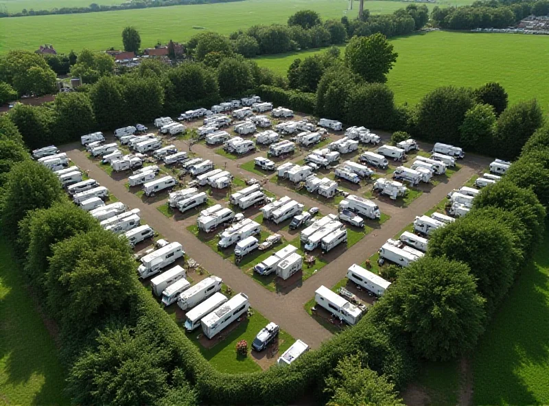 Aerial shot of a large traveler site in Berkshire, showing caravans and other vehicles, surrounded by green fields.