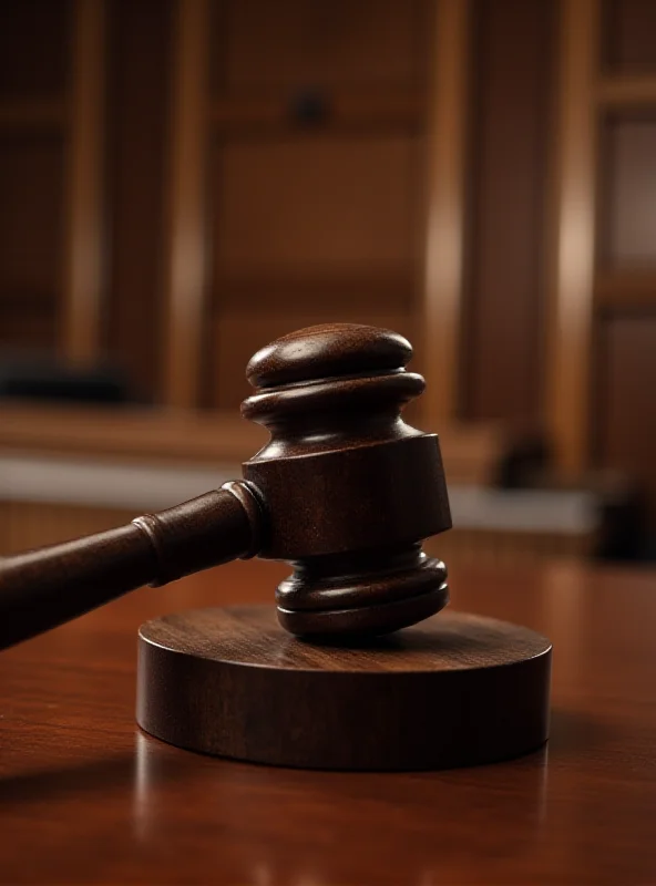 A gavel striking a sounding block in a courtroom, symbolizing the start of a trial.