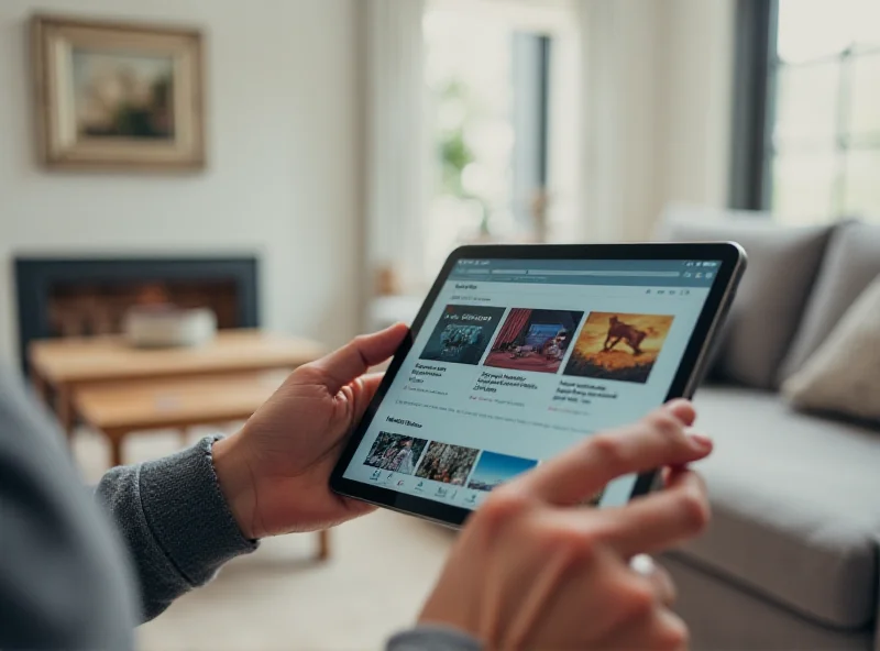 A person holding a space gray iPad mini 7 while browsing online. The background shows a modern living room with a sofa and coffee table.