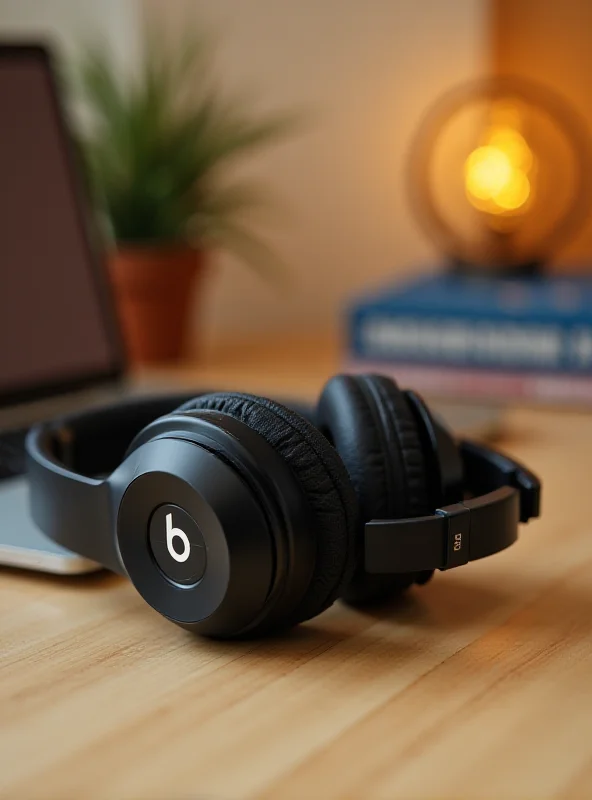 A pair of black Beats Solo 4 headphones resting on a light wooden table. The background is blurred, showing a home office setup with a laptop and books.