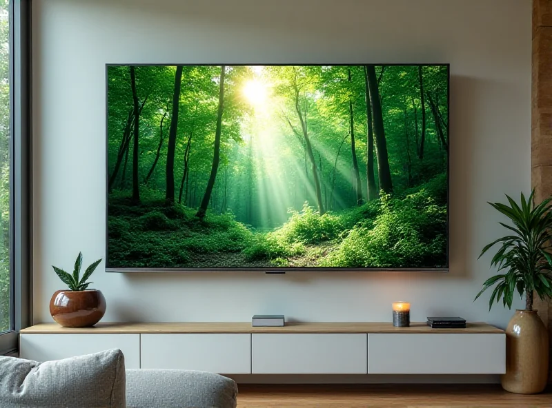 A TCL 75-inch QLED 4K Smart TV displaying a vibrant nature scene. The TV is mounted on a wall in a modern living room with a comfortable sofa and stylish decor.