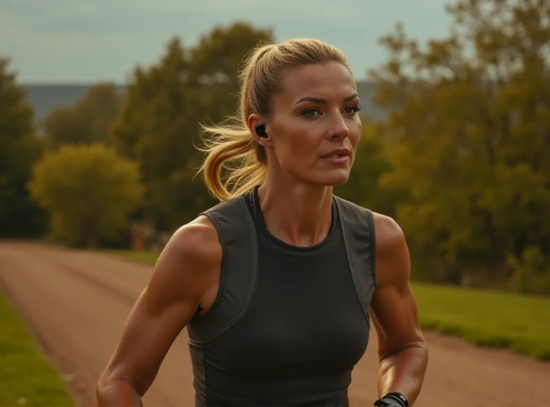 A person wearing Sennheiser Momentum Sport earbuds while running.
