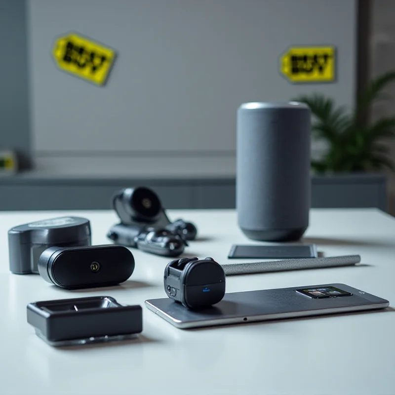 A variety of tech gadgets including headphones, a smartwatch, and a smart speaker displayed on a table with a Best Buy logo in the background.