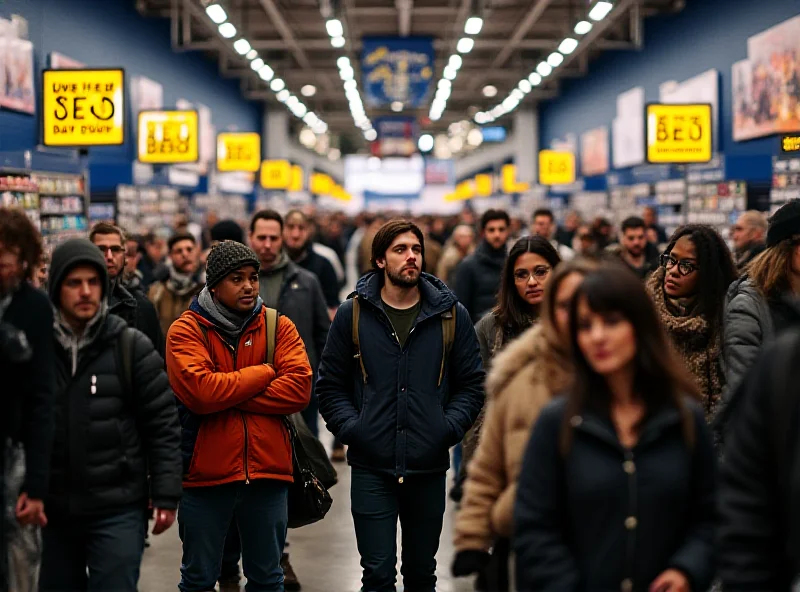 Crowd of people excitedly shopping during Black Friday sales in a Best Buy store.