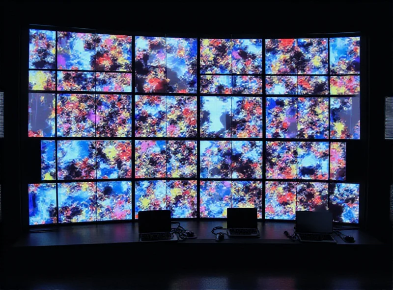 Several Chromebooks arranged to form a video wall, displaying a colorful and abstract video.