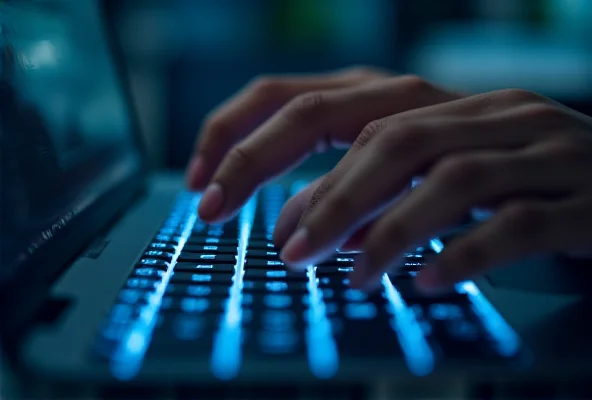 Close up shot of person typing on a laptop.