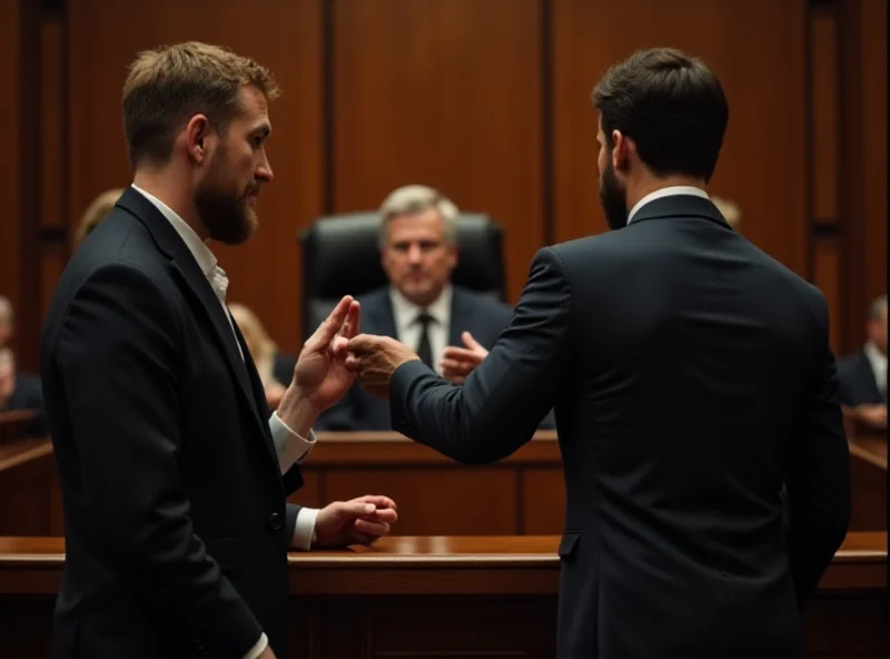 A courtroom scene with a comedian explaining a joke to a judge