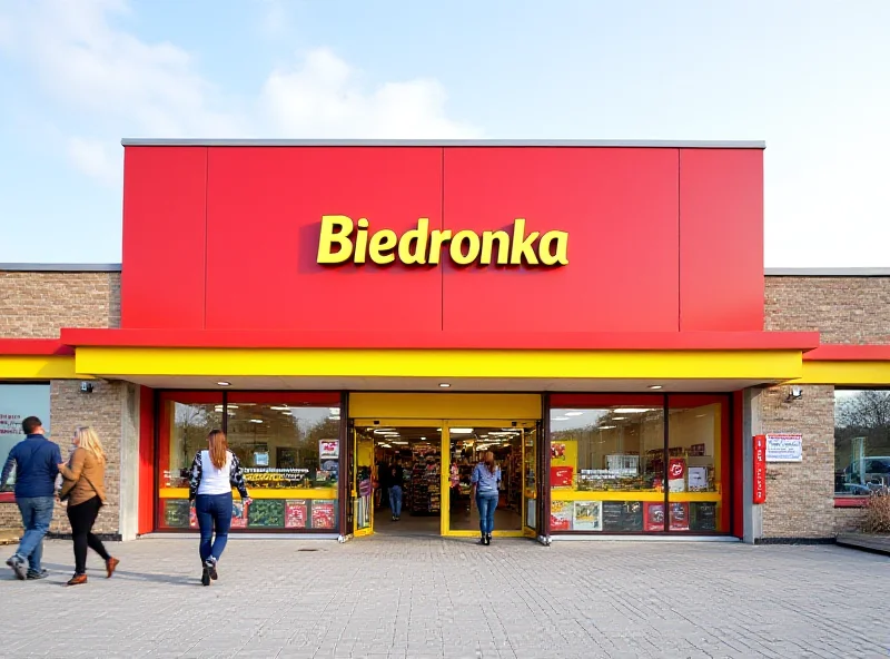 Exterior view of a brand new Biedronka store in Miloslavov, Slovakia, with a bright red and yellow storefront and the Biedronka logo prominently displayed. Shoppers are seen entering and exiting the store. The surrounding area shows a modern, developing suburban landscape.