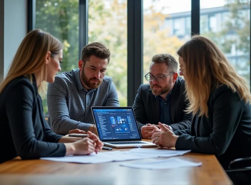 A diverse group of professionals collaborating in a modern office space. They are gathered around a table, discussing ideas and looking at data displayed on a laptop. The atmosphere is collaborative and focused, with natural light streaming in from large windows.