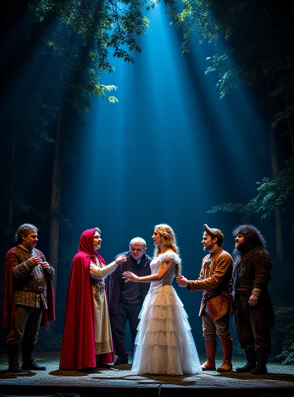 A stage scene from Into the Woods, with actors in fairy tale costumes.