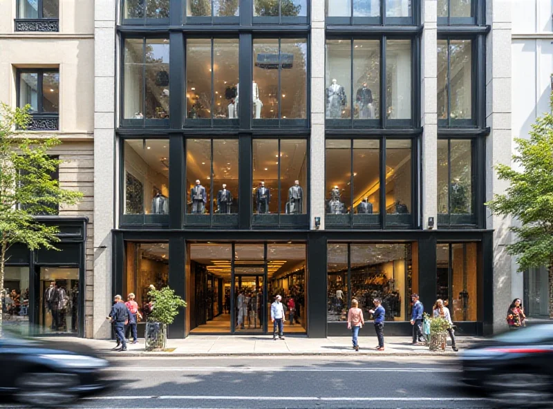 Exterior view of a retail block in a city center, with a suit retailer and barber shop visible.