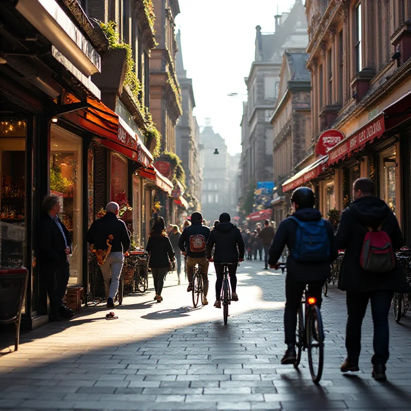 A bustling street scene in Birmingham city center, showcasing commercial activity and urban life.