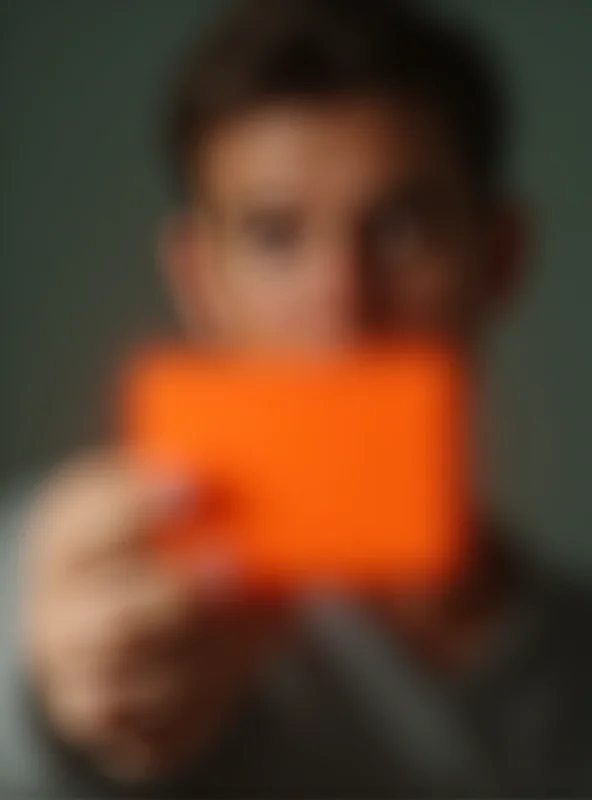 A hand holding an orange card with a concerned expression in the background