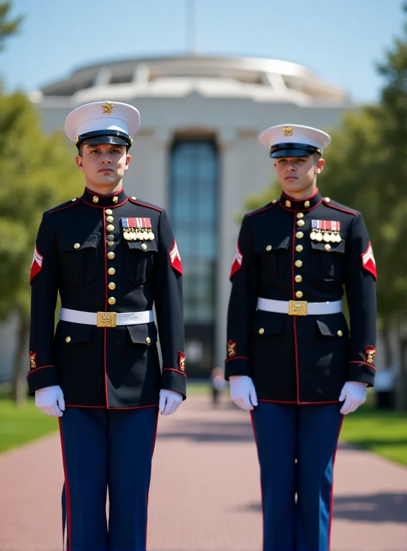 Two US Marines standing at attention in their dress uniforms.