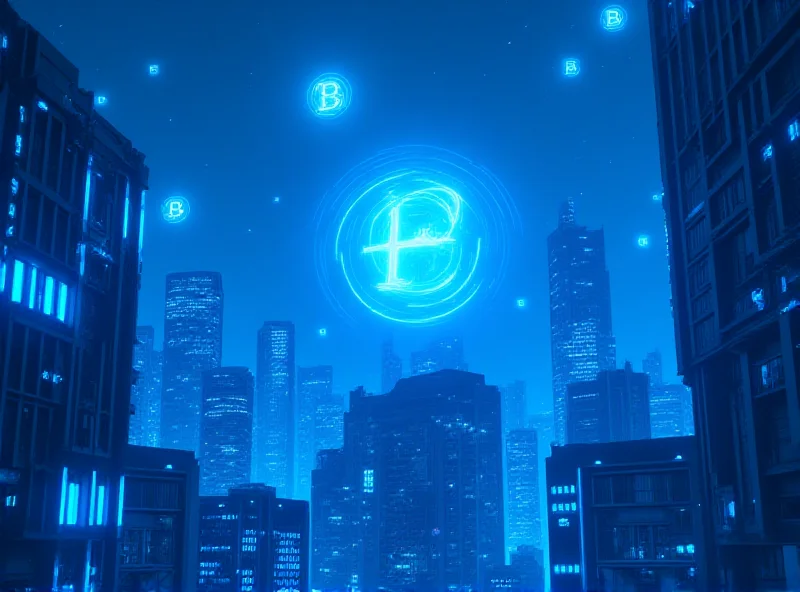 A futuristic cityscape with glowing bitcoin symbols floating in the air, representing the potential future of cryptocurrency and technology.